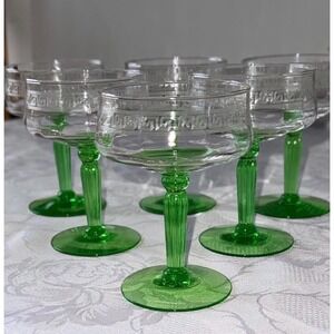 Vintage Uranium Glass Goblets Set of 6 Etched Bowls Ribbed Green Stems UV Glow